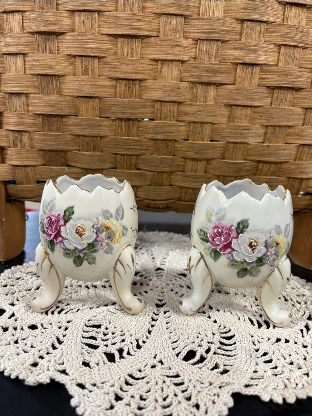 vintage 1960s Inarco porcelain egg-shaped vases with hand-painted floral designs